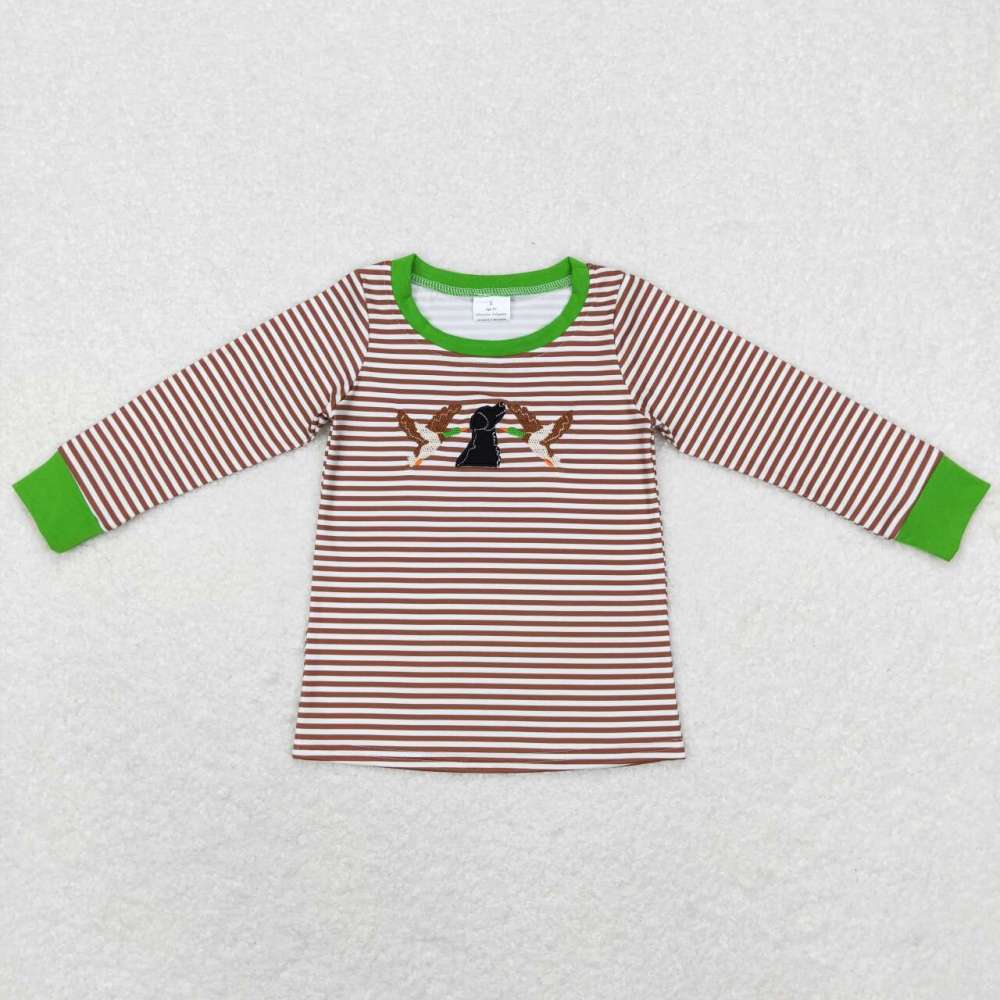 BT0419 Embroidered duck puppy dark brown striped long-sleeved top