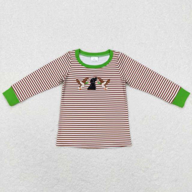 BT0419 Embroidered duck puppy dark brown striped long-sleeved top