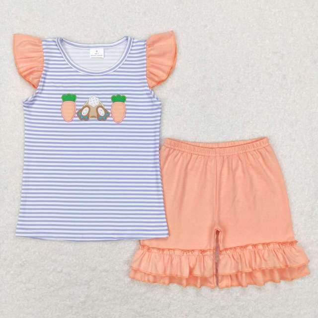 GSSO0373 Embroidery Carrot Rabbit blue and white striped short-sleeved orange lace shorts suit