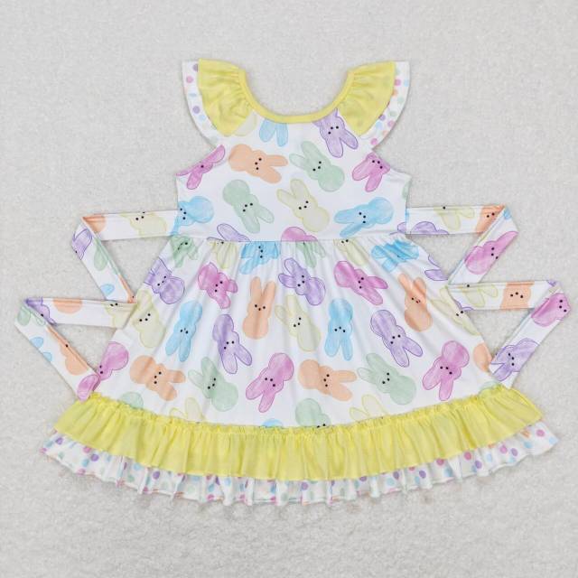 GSD0610 Colorful bunny bow yellow lace flying sleeve dress