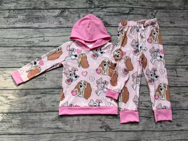 Pre-order toddler girl clothes valentine pink dogs love hooded long sleeve pants outfit