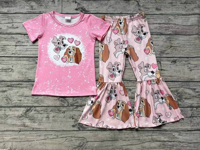 Pre-order toddler girl clothes valentine pink dogs love short sleeve pants outfit