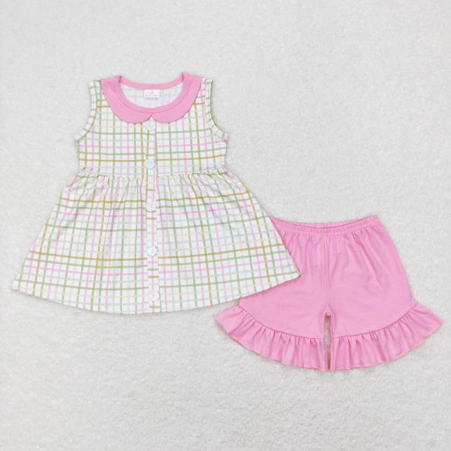 GSSO0416 Green Striped Doll Collar Sleeveless Pink Shorts Set
