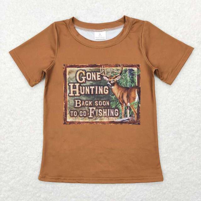 BT0424 boy gone hunting letter elk brown short sleeve top