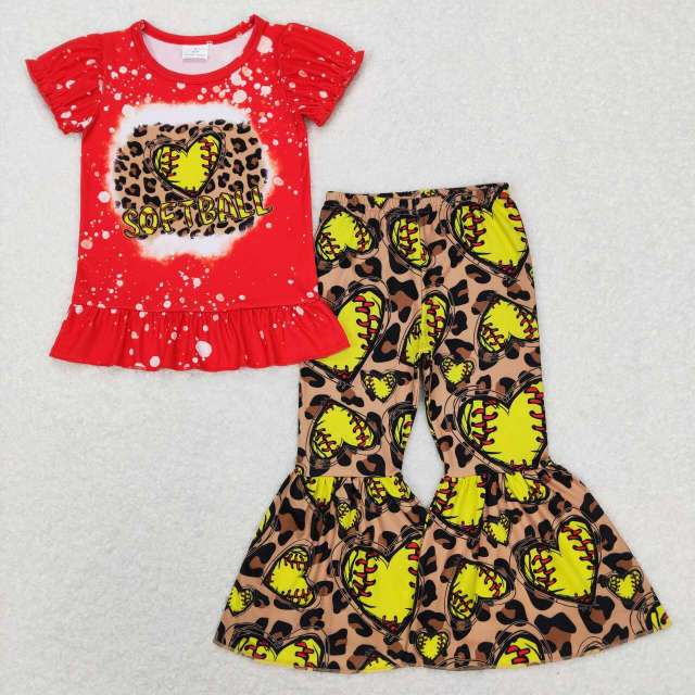 GSPO1086 softball red short sleeve love softball leopard brown long Pants Suit