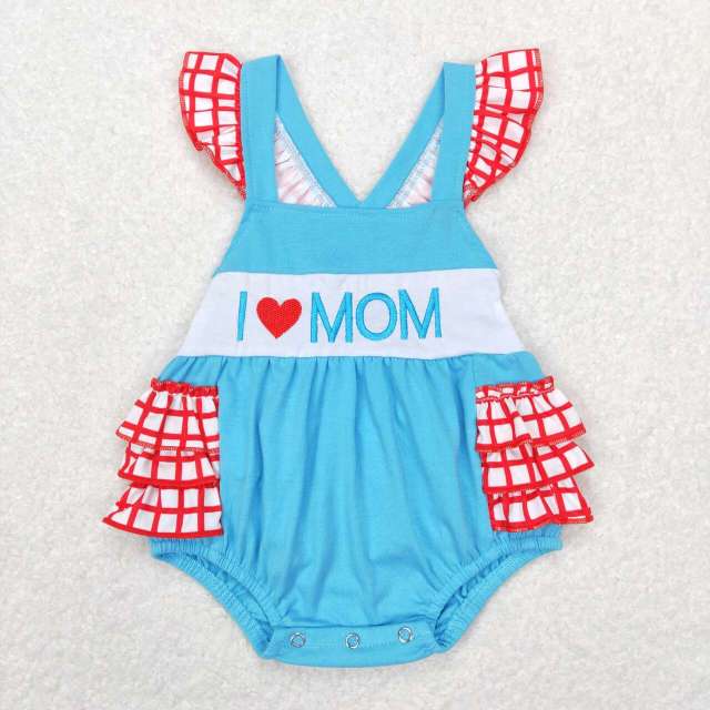 SR0683 I love mom embroidered letters red and white plaid lace blue flying sleeve jumpsuit