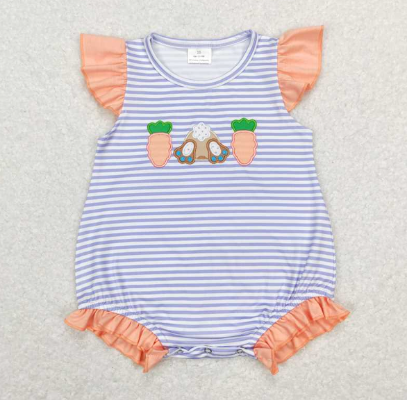SR0533 Embroidery Orange Carrot Rabbit Blue and White Striped Lace Flying Sleeve Jumpsuit