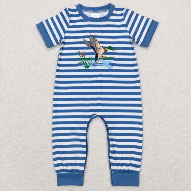 SR0554 Embroidered Duck Reed Stripe Short Sleeve Blue Trim Short Sleeve Jumpsuit