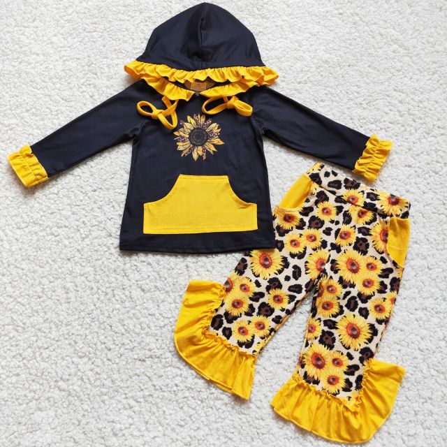 6 A8-28 Black long-sleeved hooded sweatshirt sunflower bell pants suit