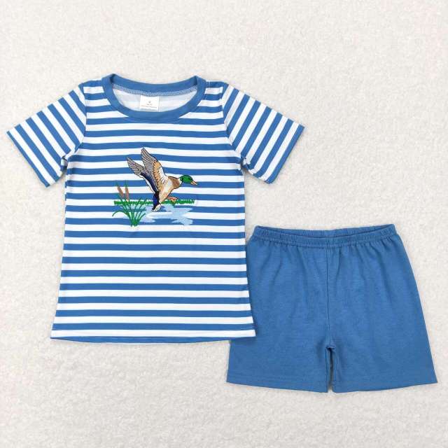 BSSO0308 Embroidered duck reed striped short sleeve blue shorts suit
