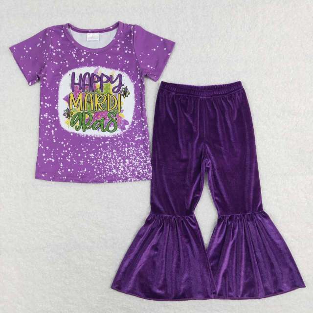 GT0374+P0385 happy mardi gras letter purple short sleeve top Purple gold velvet Pants Suit