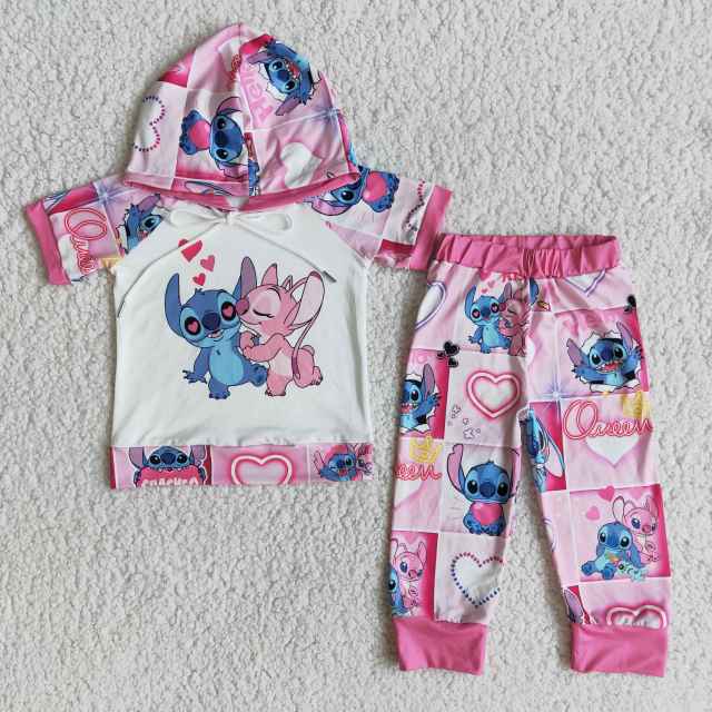 E8-26 Valentine's Day Stitch Hooded Short Sleeve Pants Suit
