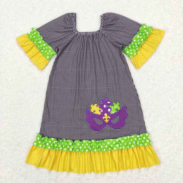 GSD0499 Embroidery Carnival Purple Mask Yellow Green Lace Plaid Dress