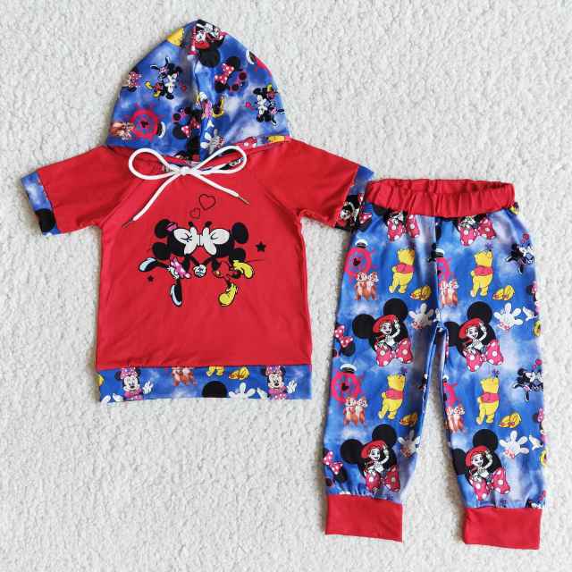 E8-27 Valentine's Day Mickey Mouse hooded red short-sleeved pants suit