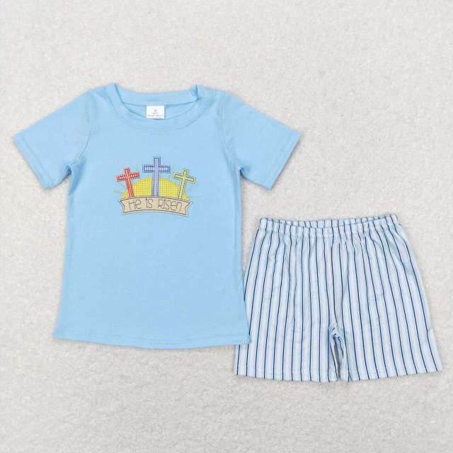 BSSO0356 he is risen blue short-sleeved striped shorts suit with embroidered cross