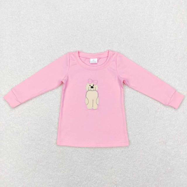 GT0408 Embroidered Bow Puppy Pink Long Sleeve Top