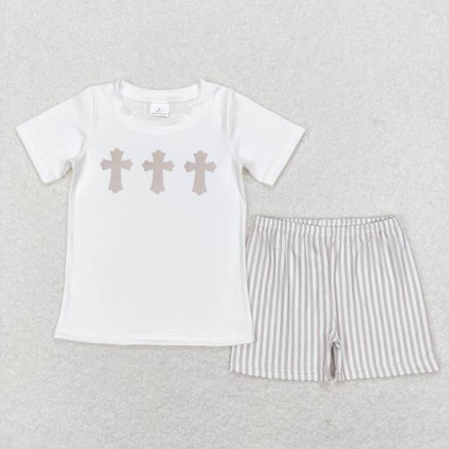 BSSO0354 Cross white short sleeve brown striped shorts suit