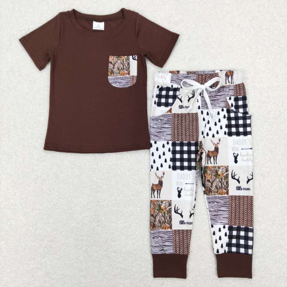 BSPO0250 daddy's hunting buddy elk hunting plaid pocket brown short sleeve Pants Suit