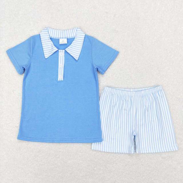 BSSO0402 Blue and white striped collar short-sleeved shorts suit