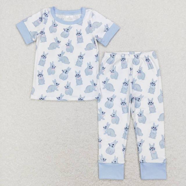 BSPO0237 Rabbit light blue trimmed white short-sleeved pants suit