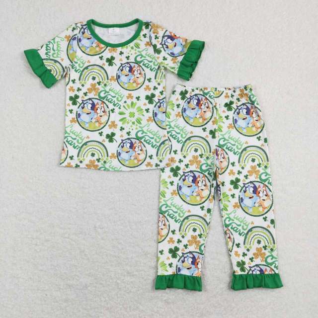 GSPO1112 lucky charm cartoon bluey four-leaf clover lace white green short-sleeved pants suit