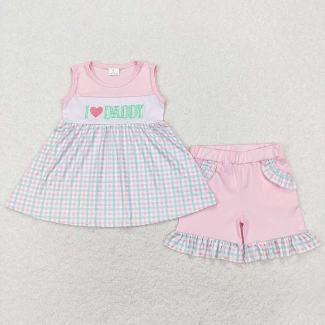 GSSO0441 I love daddy embroidered lettering pink blue plaid lace sleeveless shorts suit