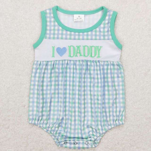 SR0714 I love daddy embroidered lettering teal plaid sleeveless jumpsuit