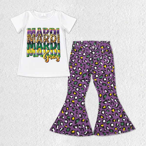 GT0442+P0313 mardi gras letter white short sleeve top Yellow green leopard print purple denim jeans 2 pieces suit