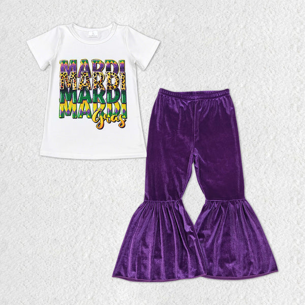 GT0442 +P0385 mardi gras letter white short sleeve top Purple gold velvet Pants Suit 2 pieces suit