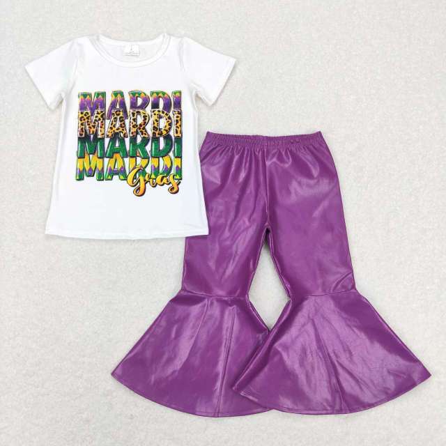 GT0442+P0419 mardi gras letter white short-sleeved top purple flared leather pants 2 pieces suit