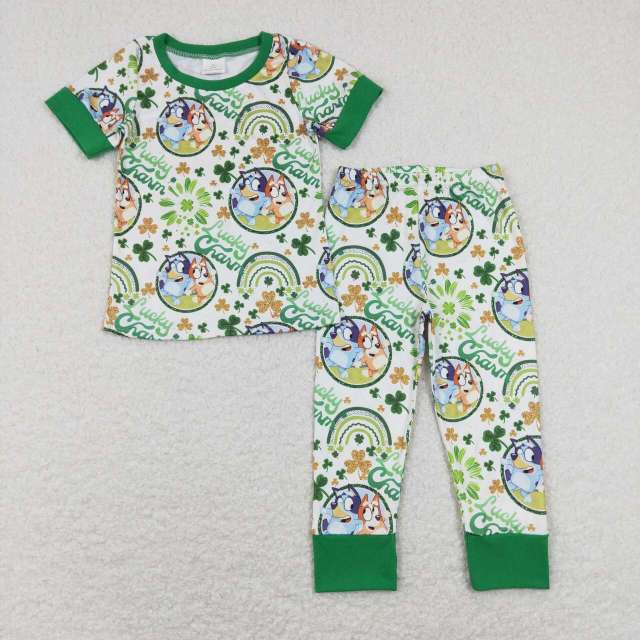 BSPO0251 lucky charm cartoon bluey four-leaf clover white green short-sleeved pants suit