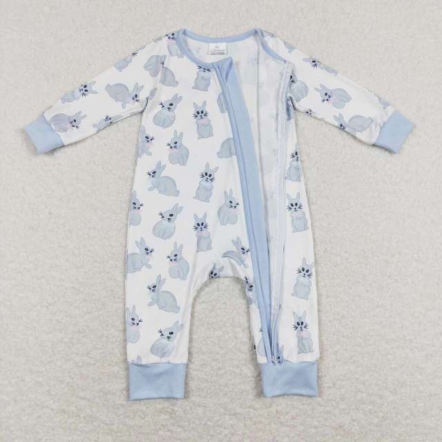 LR0837 Rabbit Blue and White Zip Long Sleeve Jumpsuit