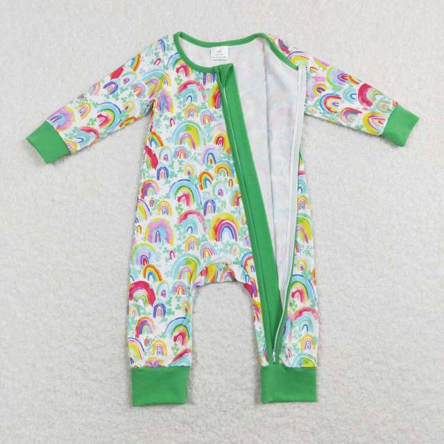 LR0883 Rainbow Clover Green Zip Long Sleeve Jumpsuit