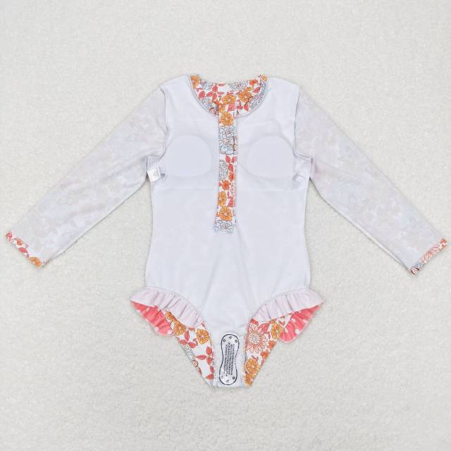 S0184 Flower Butterfly White Zip Long Sleeve One Piece Swimsuit