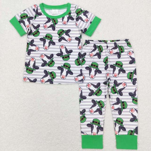 BSPO0279 St. Patrick's Day Hat Cow Stripe Green Short Sleeve pants set