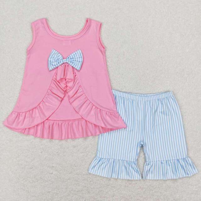 GSSO0438 Blue and white striped lace pocket bow sleeveless top shorts set