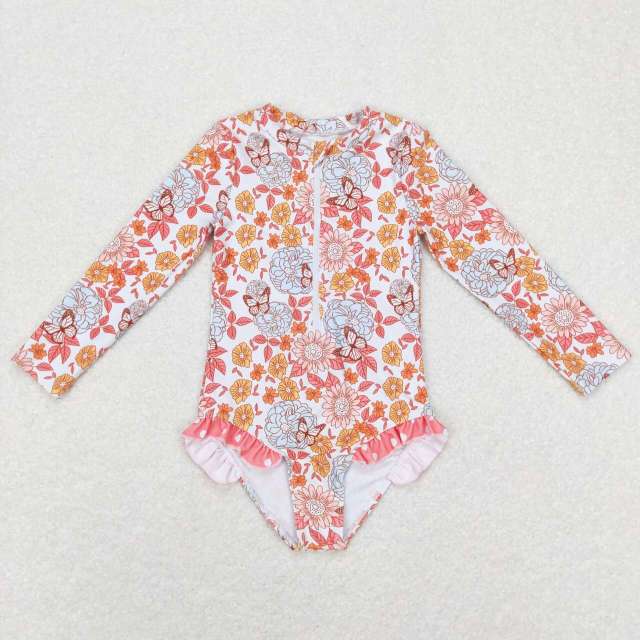 S0184 Flower Butterfly White Zip Long Sleeve One Piece Swimsuit