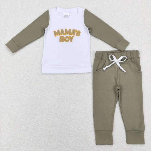 BLP0435 mama's boy embroidered lettering white raglan long sleeve army green pants suit