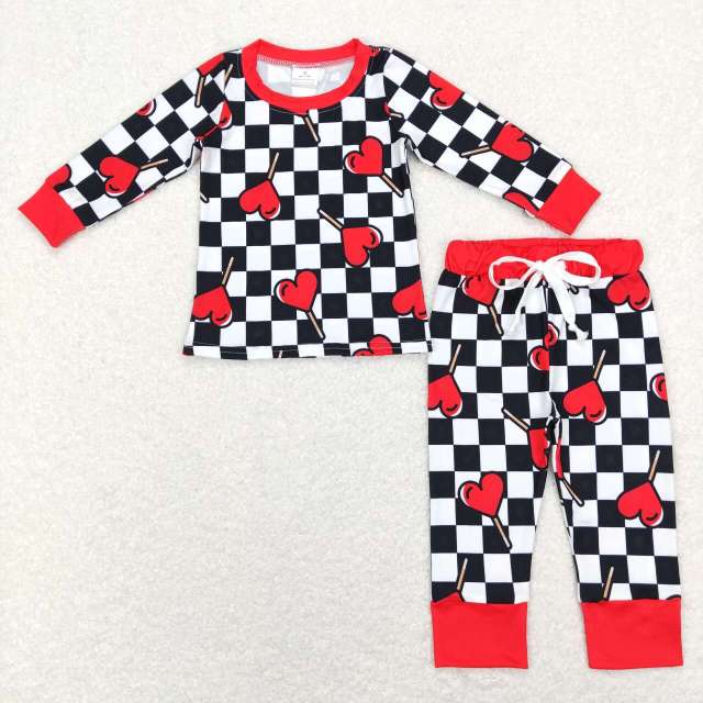 BLP0443 Red love lollipop black and white plaid red edge long sleeve pants suit