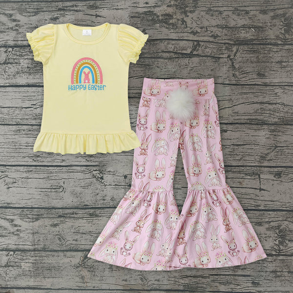 GSPO1345 pre-order baby girl clothes happy bunny girls easter bell bottoms outfit