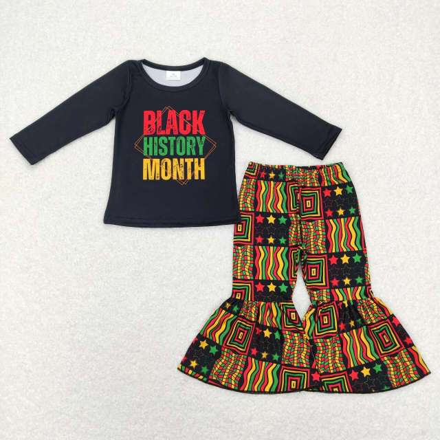 GLP1129 black history month letter black long sleeve star striped flared pants suit