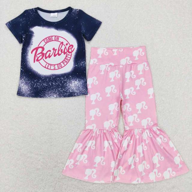 GT0310 + P0264 barbie letter blue and black short sleeve top avatar pink pants 2 pieces suit