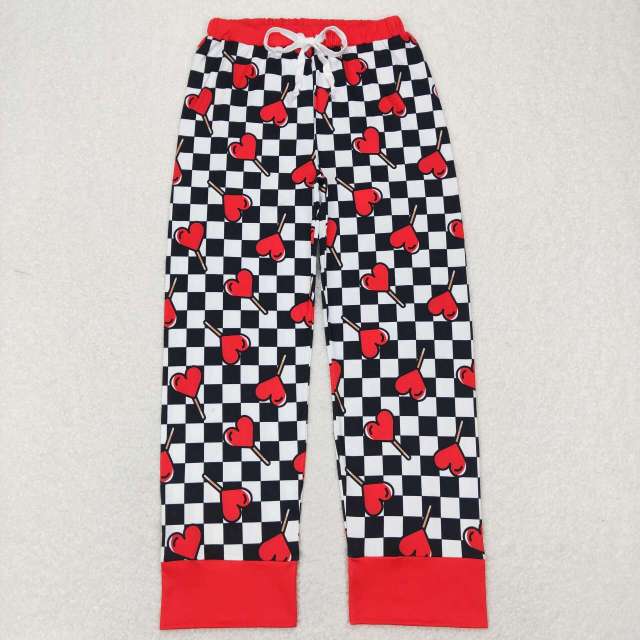 P0388 Adult red love lollipop black and white plaid red trim Pants