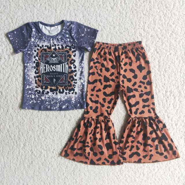 D5-20 Letter short-sleeved top leopard print bell bottoms suit