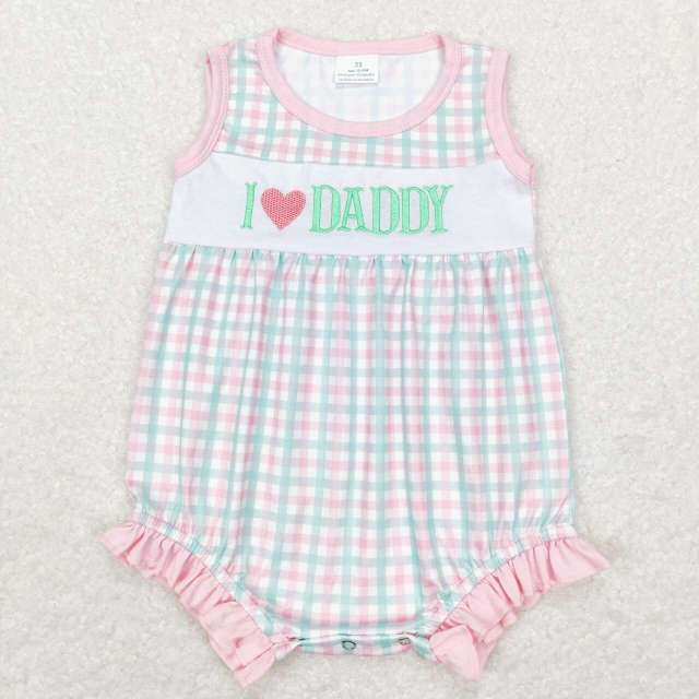 SR0713 I love daddy embroidered lettering pink blue plaid sleeveless jumpsuit