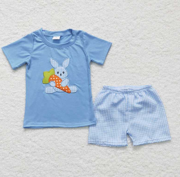 BSSO0087 Boys Embroidered Rabbit Carrot Blue Short Sleeve Shorts Suit