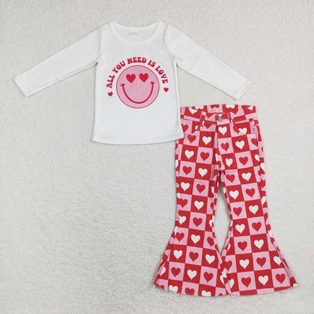 GT0388 +P0324 all you need is love love smiley white long sleeve top Love plaid jeans 2pcs