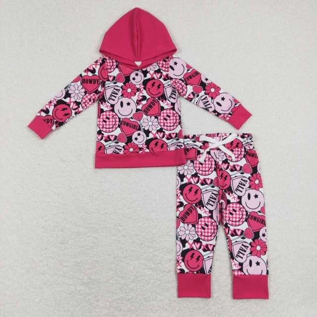 GLP1126 xoxo cowgirl smiley face rose red hooded long sleeves pants suit
