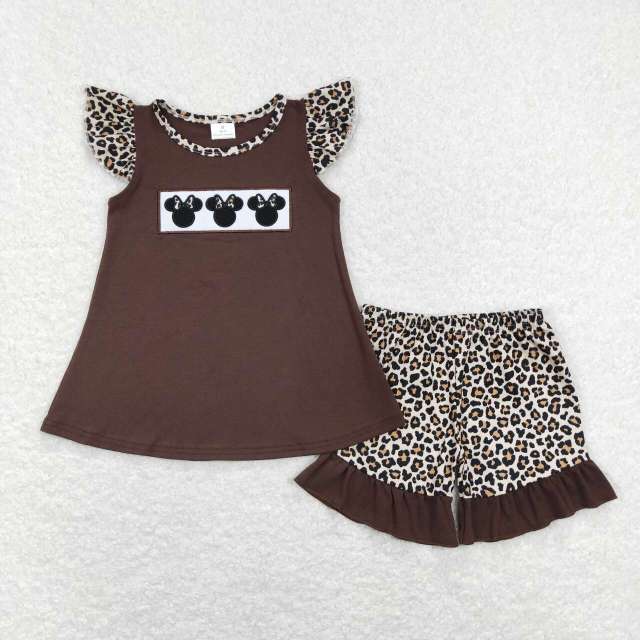 GSSO0424 Embroidered Mickey Bow Minnie Brown Flying Sleeve Leopard Print Shorts Suit