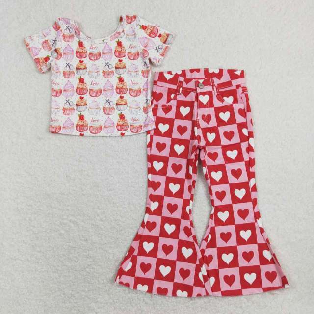 GT0204+P0324 xo cake ice cream white short sleeve top Love plaid jeans 2pcs